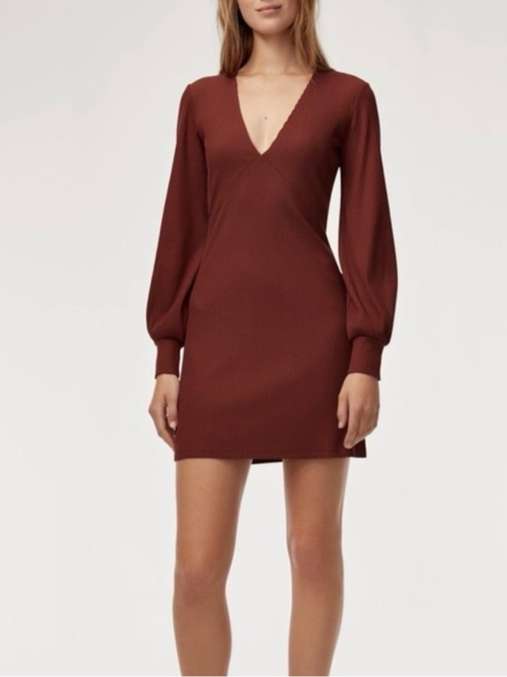 Aritzia Wilfred Jeanne Ribbed Mini Dress Boho Romantic Rust XS